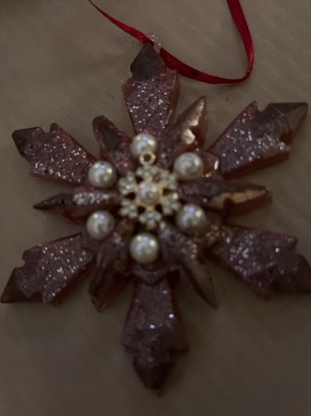 Pink Glitter Snowflake Ornament with Pearl Center